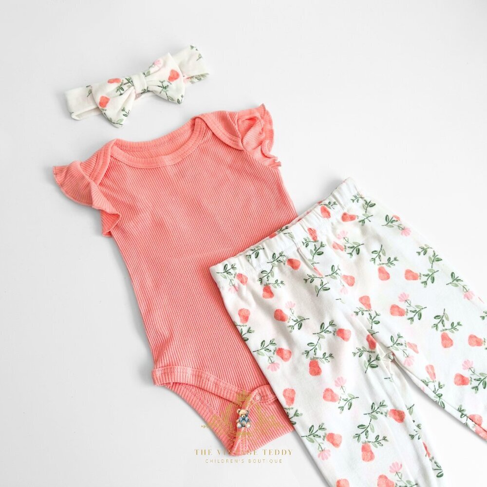NWT Cute Girls 3 Piece Set Baby Onesie Pants Headband Floral Coral & Sage 3-6M - Picture 2 of 2